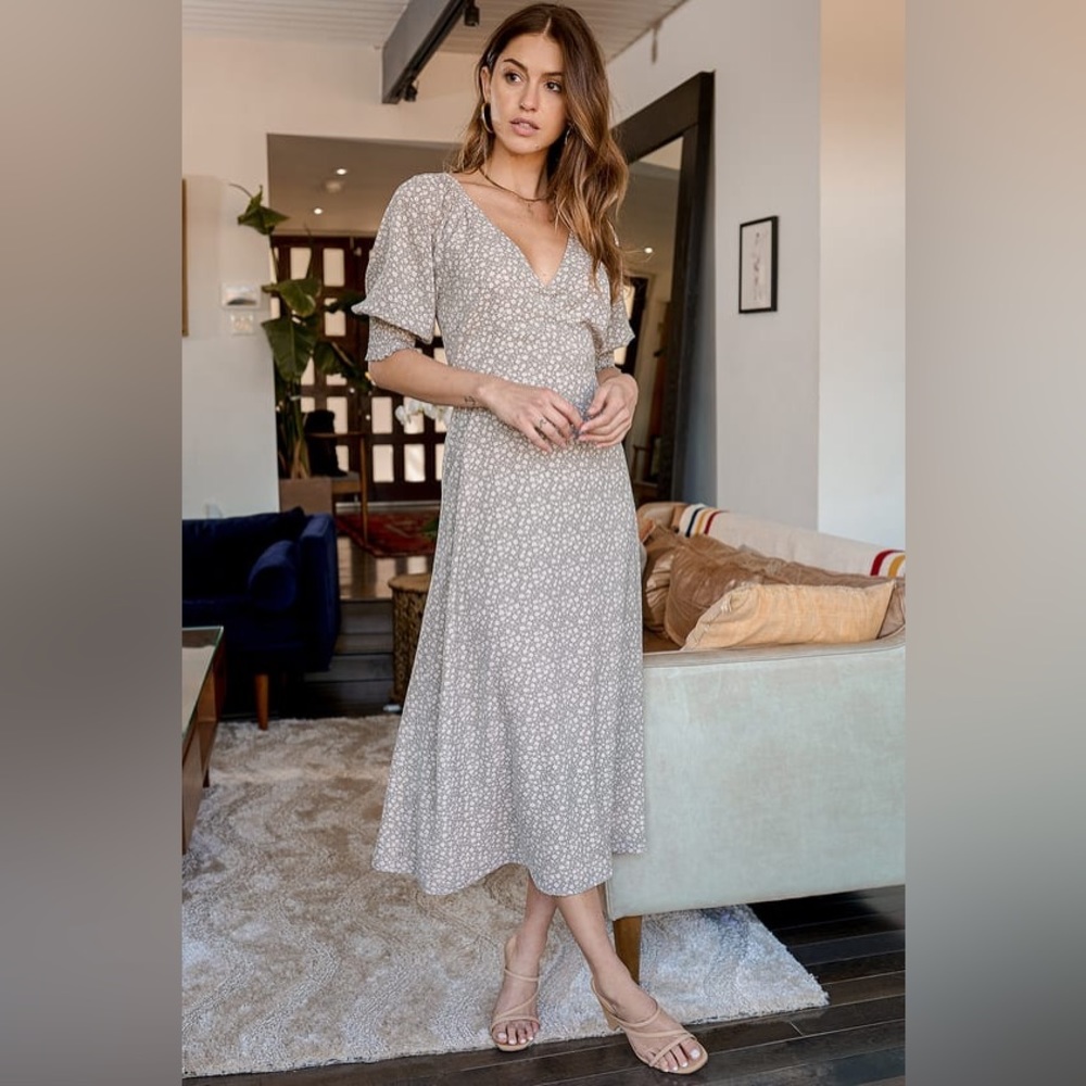 Times With You Sage Green Floral Print Puff Sleeve Midi Dress Lulus x LUSH